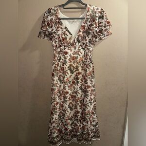 Max Studio White Midi Dress with Rust Floral Print